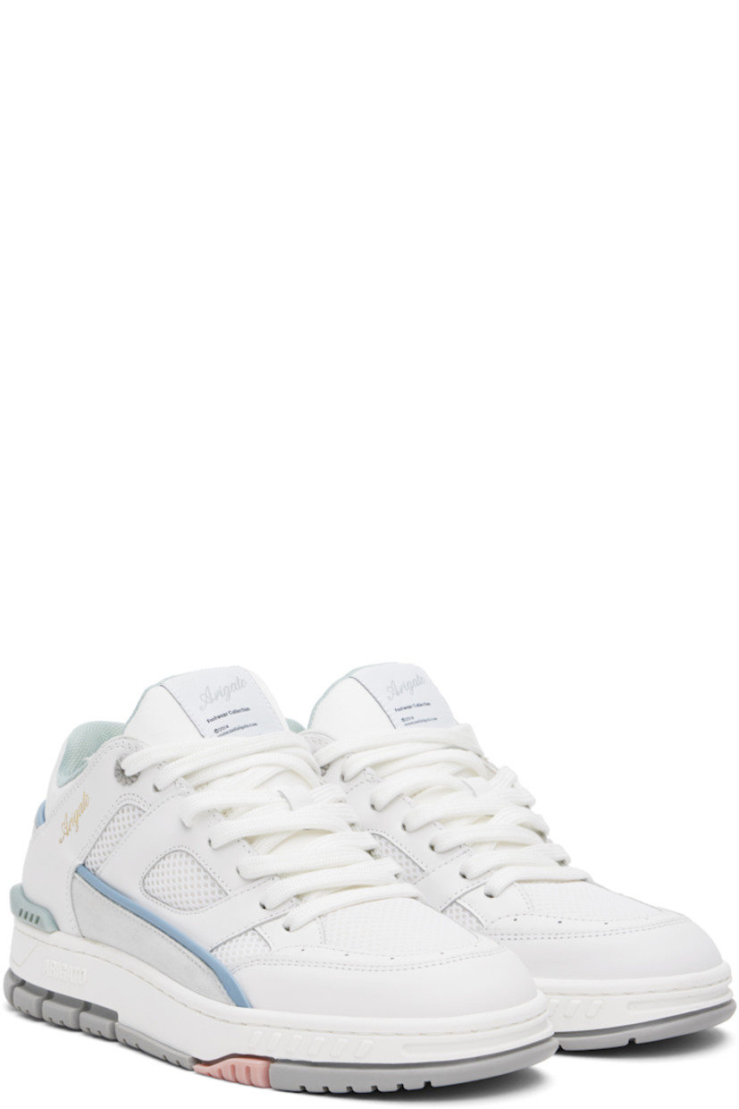 Low-top paneled recycled mesh, buffed leather, and suede sneakers in white and blue.

· Handcrafted
· Perforated detailing throughout
· Lace-up closure
· Logo patch at padded tongue
· Padded collar
· Logo stamp at outer side
· Rubber trim at heel counter
· Recycled mesh and faux-suede lining
· Logo embossed at textured rubber midsole
· Treaded rubber sole

Supplier color: White/Multi