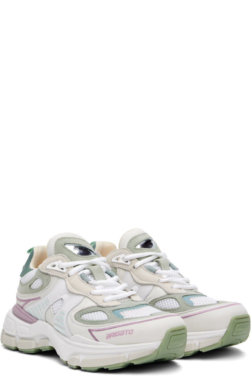 Low-top buffed leather, nubuck, and mesh sneakers in white and green. 

· Handcrafted
· Lace-up closure
· Rubberized logo appliqué at padded tongue
· Padded collar
· Logo printed at outer side 
· Reflective pull-loop at heel tab 
· Logo embossed at heel 
· Recycled mesh and faux-suede lining
· Treaded rubber sole

Supplier color: White/Multi