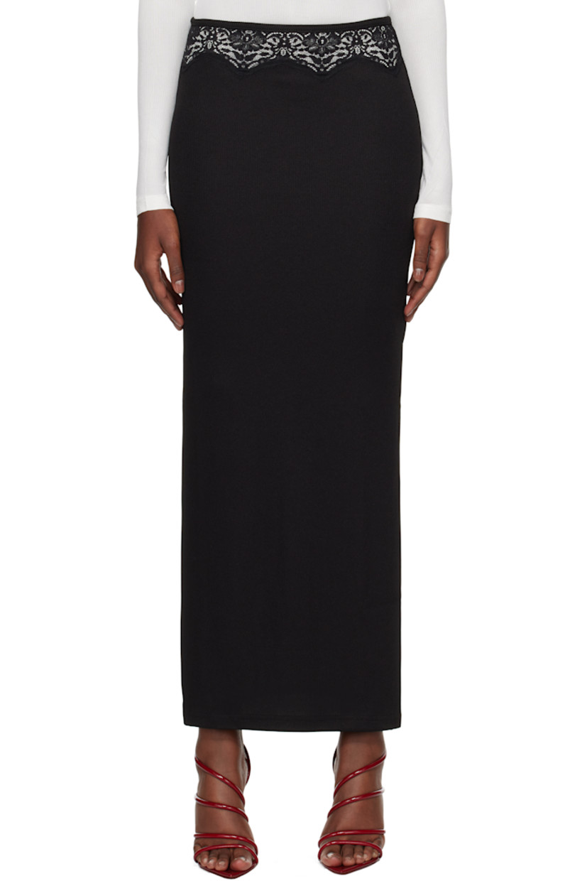 Stretch polyester ribbed jersey maxi skirt.

· Chantilly lace trim at elasticized waistband
· Slit at side seam

Supplier color: Black