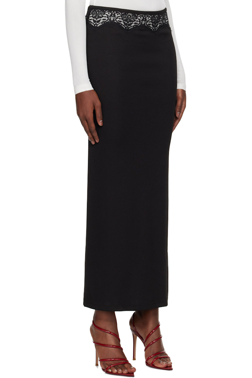 Stretch polyester ribbed jersey maxi skirt.

· Chantilly lace trim at elasticized waistband
· Slit at side seam

Supplier color: Black