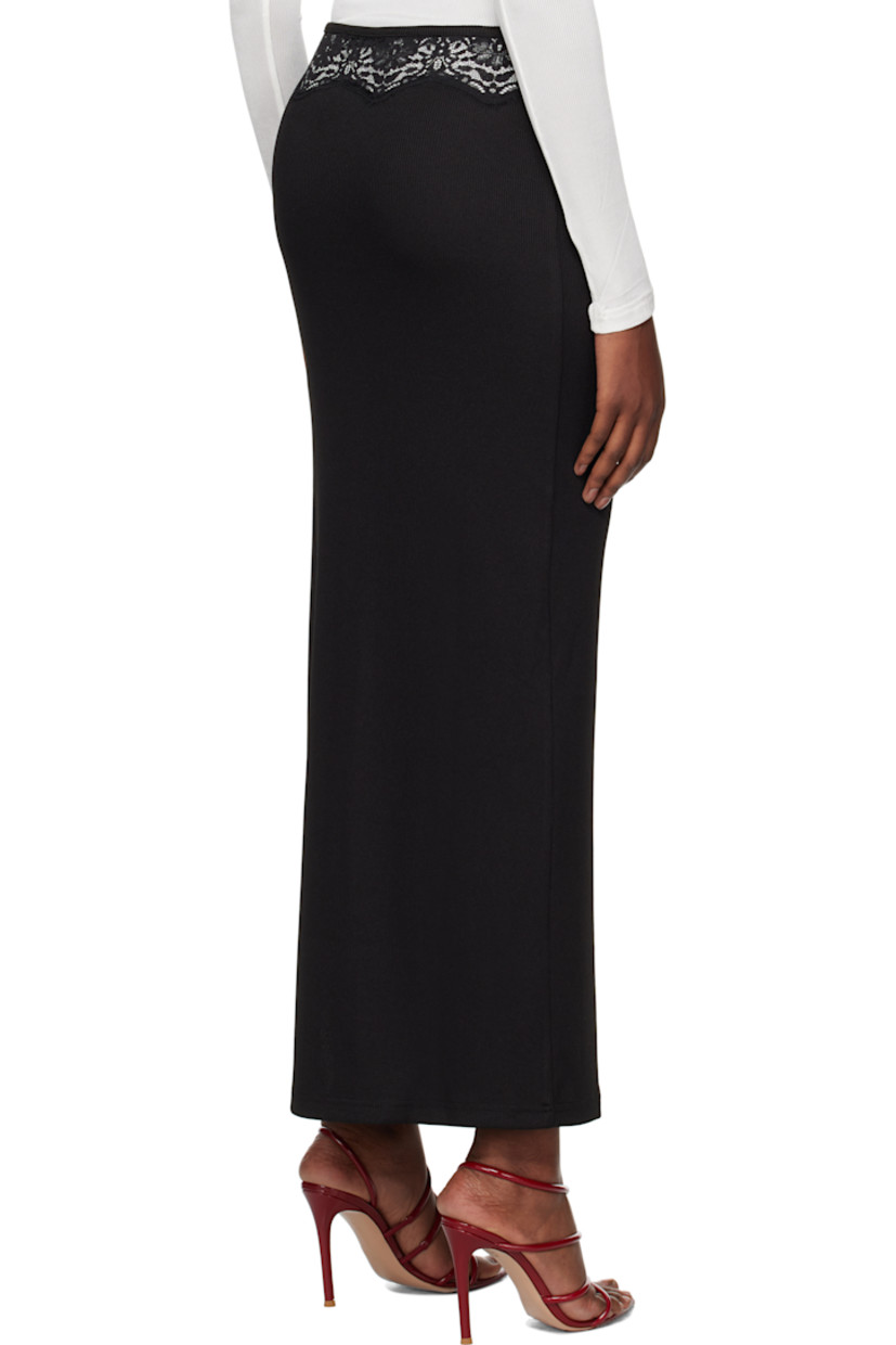 Stretch polyester ribbed jersey maxi skirt.

· Chantilly lace trim at elasticized waistband
· Slit at side seam

Supplier color: Black
