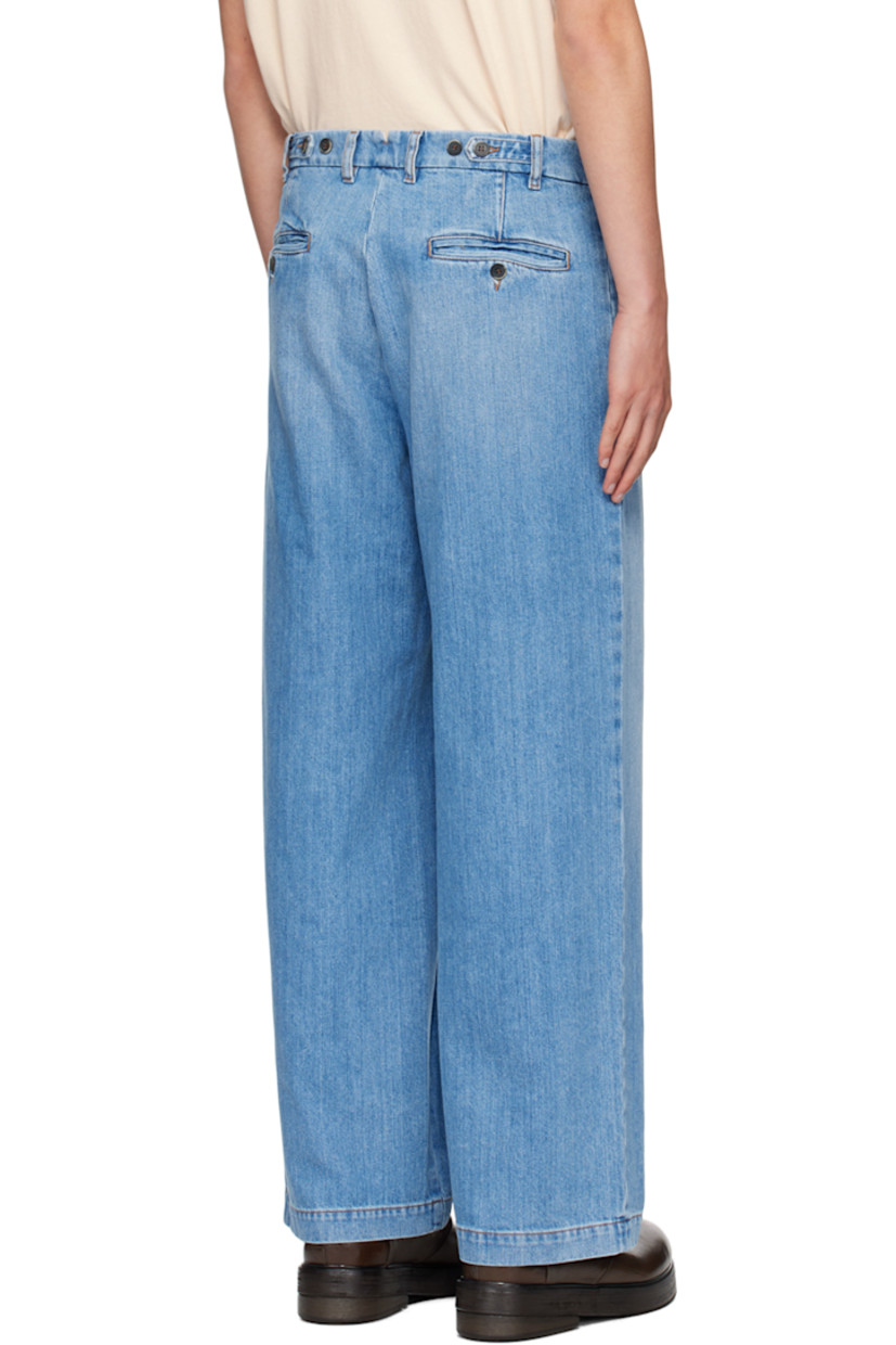 Handcrafted straight-leg non-stretch denim jeans. Fading and distressing throughout. 

· Mid-rise
· Belt loops
· Five-pocket styling
· Zip-fly
· Buttons at front
· Adjustable button-tabs at back waistband
· Contrast stitching in tan 

Supplier color: Stone