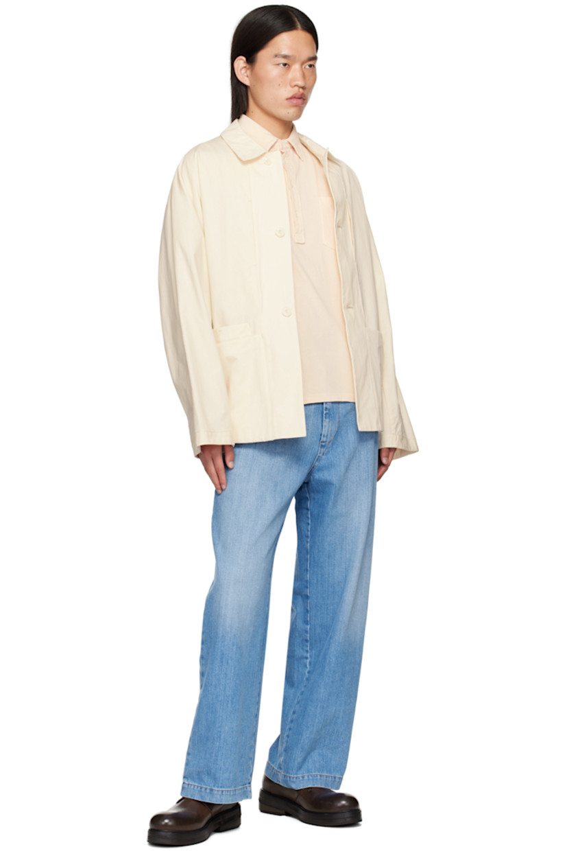 Handcrafted straight-leg non-stretch denim jeans. Fading and distressing throughout. 

· Mid-rise
· Belt loops
· Five-pocket styling
· Zip-fly
· Buttons at front
· Adjustable button-tabs at back waistband
· Contrast stitching in tan 

Supplier color: Stone