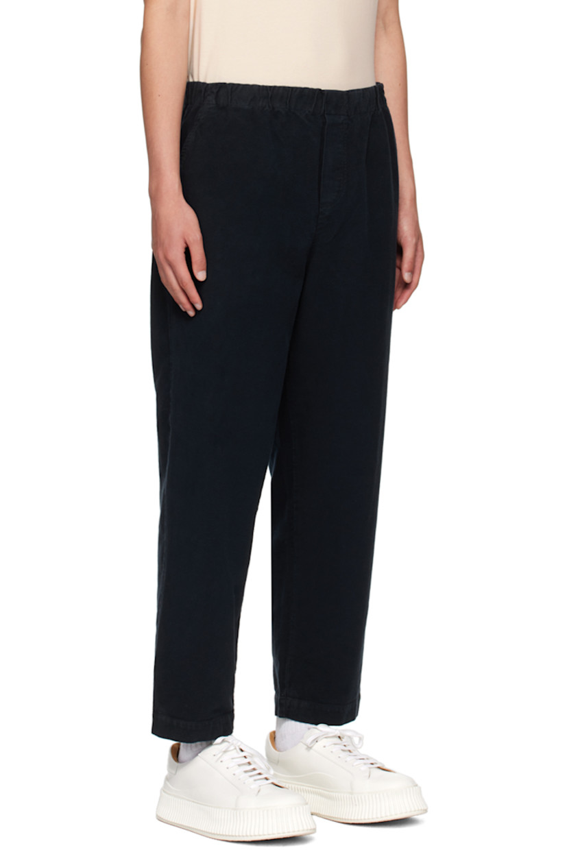 Handcrafted stretch cotton flannel trousers. 

· Concealed drawstring at elasticized waistband
· Four-pocket styling
· Mock-fly

Supplier color: Navy