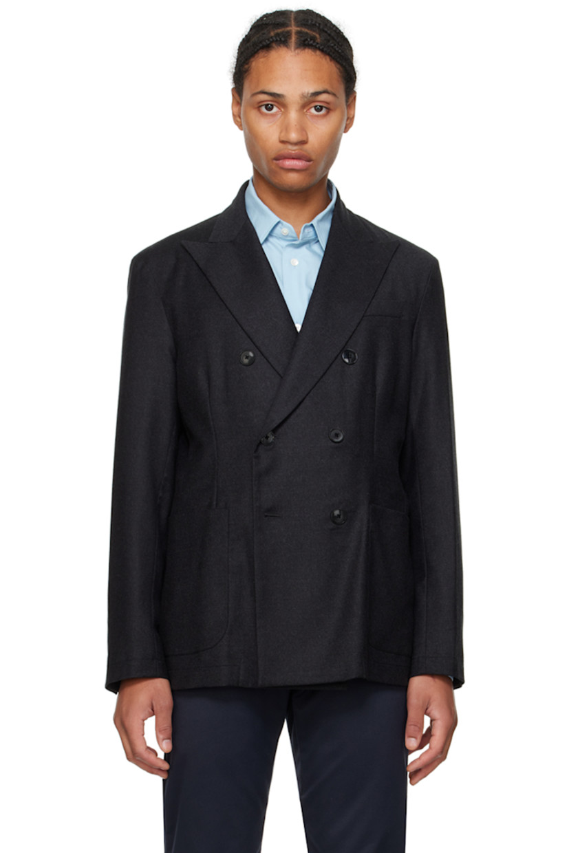 Brushed virgin wool melton blazer.

· Peaked lapel
· Double-breasted button closure
· Welt pocket and patch pockets
· Four-button surgeon's cuffs
· Twin vents at back hem
· Patch pocket at interior
· Unlined

Supplier color: Antracite