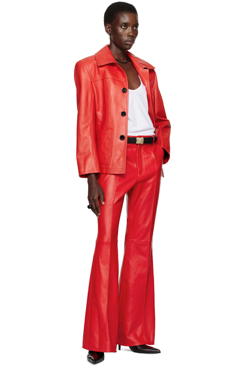 Flared nappa lambskin pants. 

· Belt loops
· Four-pocket styling
· Zip-fly
· Pinched seam at front and back legs

Supplier color: Red