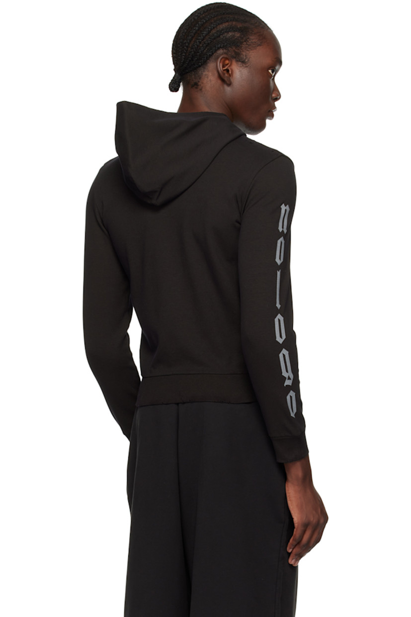 Lightweight stretch cotton jersey hoodie. Subtle distressing throughout. 

· Zip closure 
· Cracked text bonded at front and sleeves
· Patch pockets
· Rib knit hem and cuffs
· Dropped shoulders

Supplier color: Graphite