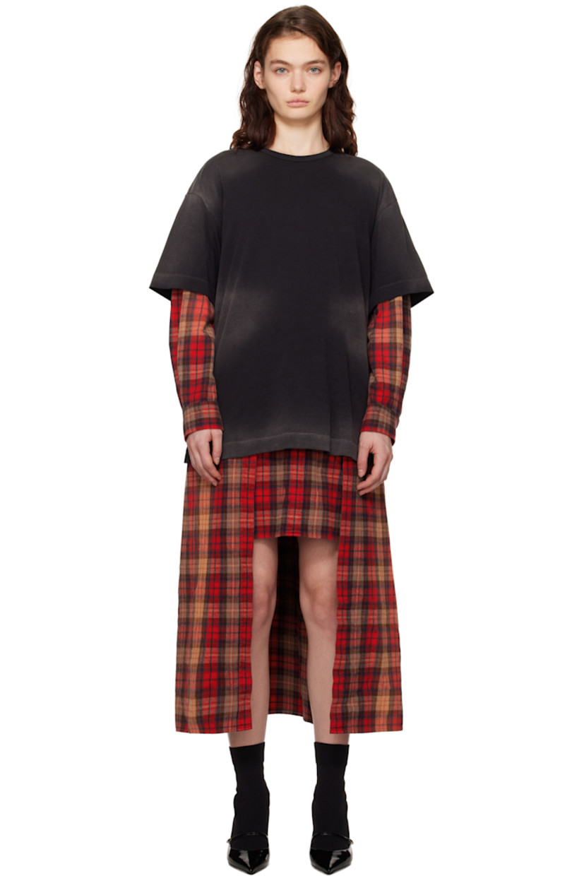 Cotton jersey and flannel maxi dress. Check pattern and fading throughout.

· Layered construction
· Rib-knit crewneck
· Logo embroidered at chest
· Sleeves-style self-tie straps at waist
· Vent at front hem
· Dropped shoulders 
· Pleats at single-button barrel cuffs
· Text embroidered at back

Supplier color: Red