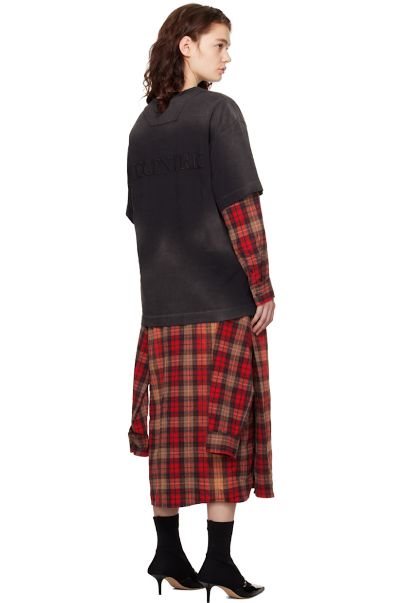 Cotton jersey and flannel maxi dress. Check pattern and fading throughout.

· Layered construction
· Rib-knit crewneck
· Logo embroidered at chest
· Sleeves-style self-tie straps at waist
· Vent at front hem
· Dropped shoulders 
· Pleats at single-button barrel cuffs
· Text embroidered at back

Supplier color: Red