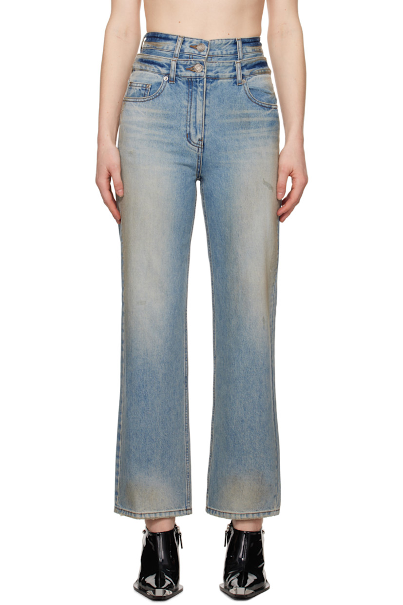 Non-stretch denim jeans. Fading, whiskering, smudging, and subtle distressing throughout.

· Belt loops at layered waistband
· Five-pocket styling 
· Zip fly
· Logo-engraved antiqued silver-tone hardware 
· Contrast stitching in tan 

Supplier color: Blue
