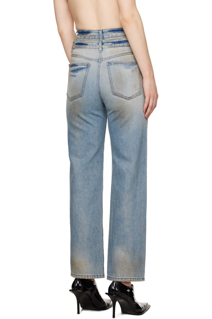 Non-stretch denim jeans. Fading, whiskering, smudging, and subtle distressing throughout.

· Belt loops at layered waistband
· Five-pocket styling 
· Zip fly
· Logo-engraved antiqued silver-tone hardware 
· Contrast stitching in tan 

Supplier color: Blue