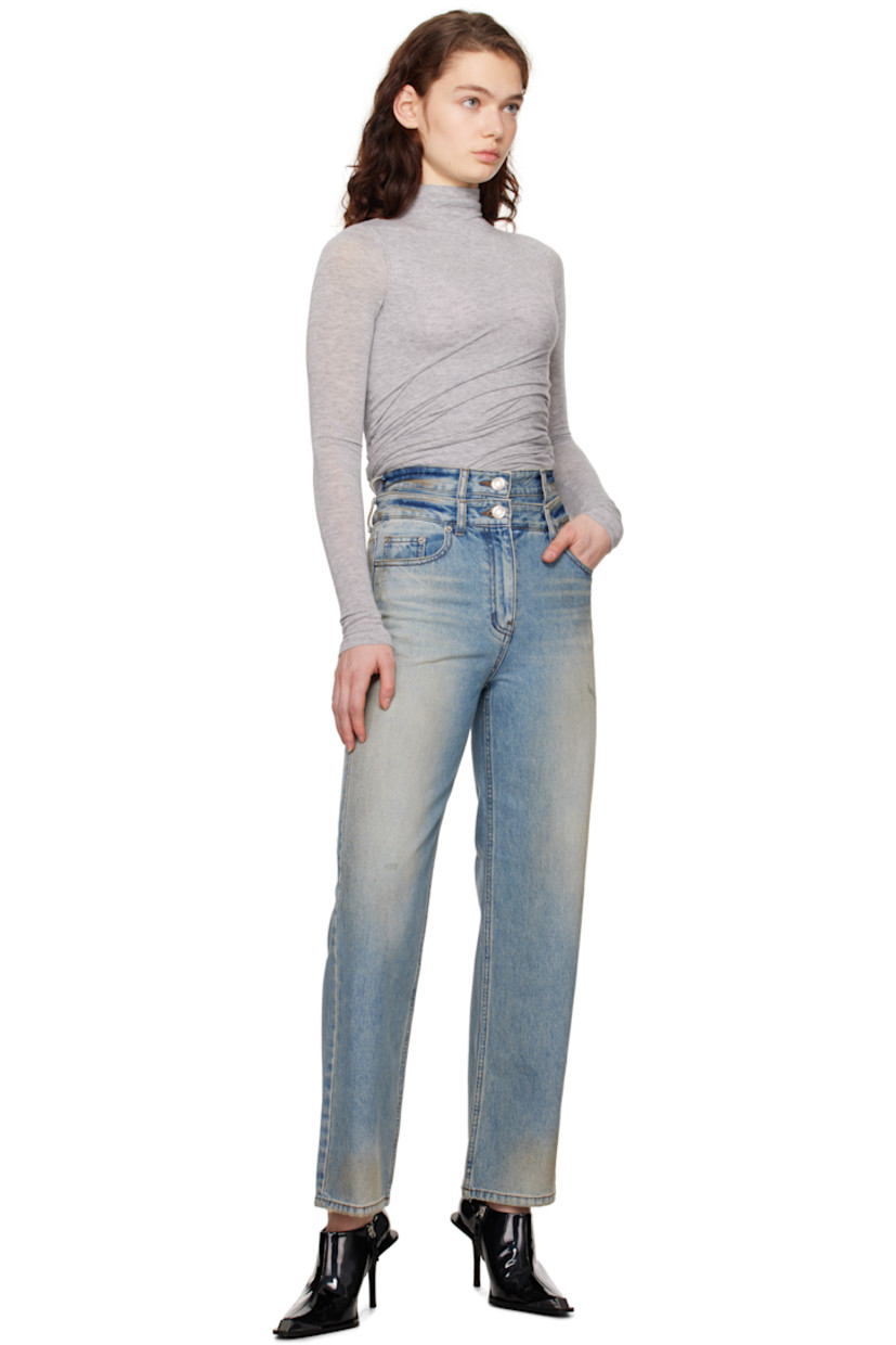 Non-stretch denim jeans. Fading, whiskering, smudging, and subtle distressing throughout.

· Belt loops at layered waistband
· Five-pocket styling 
· Zip fly
· Logo-engraved antiqued silver-tone hardware 
· Contrast stitching in tan 

Supplier color: Blue