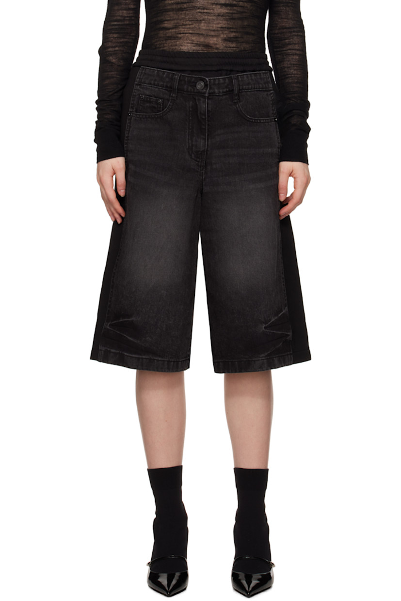 French terry and non-stretch denim shorts. Fading and whiskering throughout. 

· Paneled construction 
· Concealed drawstring at elasticized waistband
· Belt loops
· Five-pocket styling 
· Zip fly 
· Logo flag at back pocket

Supplier color: Black