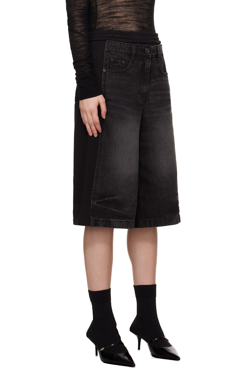French terry and non-stretch denim shorts. Fading and whiskering throughout. 

· Paneled construction 
· Concealed drawstring at elasticized waistband
· Belt loops
· Five-pocket styling 
· Zip fly 
· Logo flag at back pocket

Supplier color: Black
