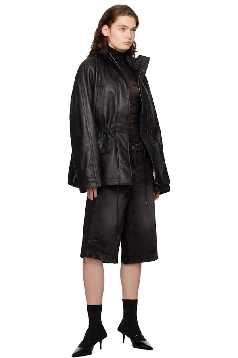 French terry and non-stretch denim shorts. Fading and whiskering throughout. 

· Paneled construction 
· Concealed drawstring at elasticized waistband
· Belt loops
· Five-pocket styling 
· Zip fly 
· Logo flag at back pocket

Supplier color: Black