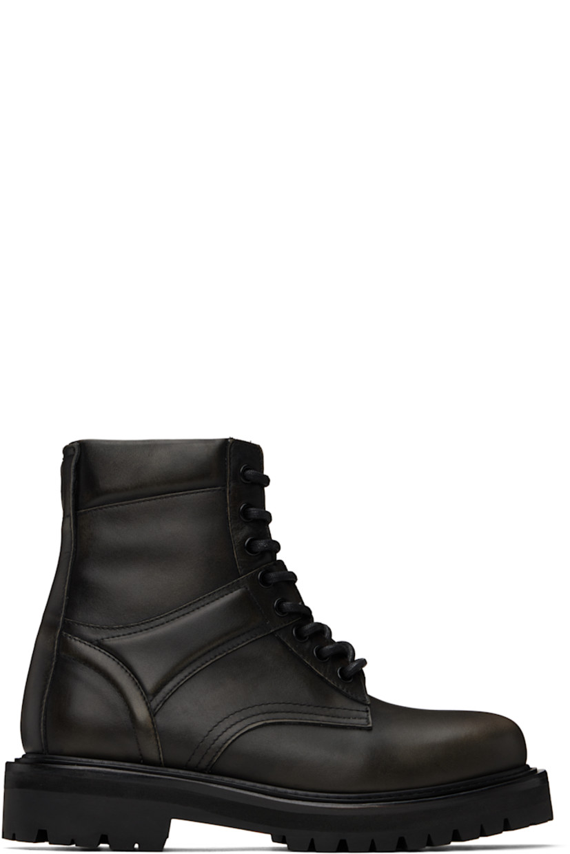 Ankle-high paneled buffed leather boots in black.

· Lace-up closure
· Logo-embossed tongue
· Padded collar
· Pull-loop at heel collar
· Zip closure at inner side
· Treaded Vibram® rubber sole

Supplier color: Black