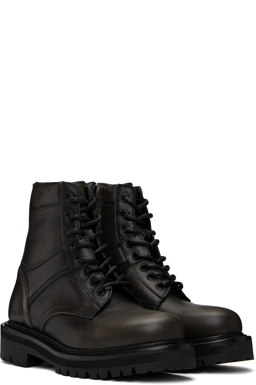 Ankle-high paneled buffed leather boots in black.

· Lace-up closure
· Logo-embossed tongue
· Padded collar
· Pull-loop at heel collar
· Zip closure at inner side
· Treaded Vibram® rubber sole

Supplier color: Black