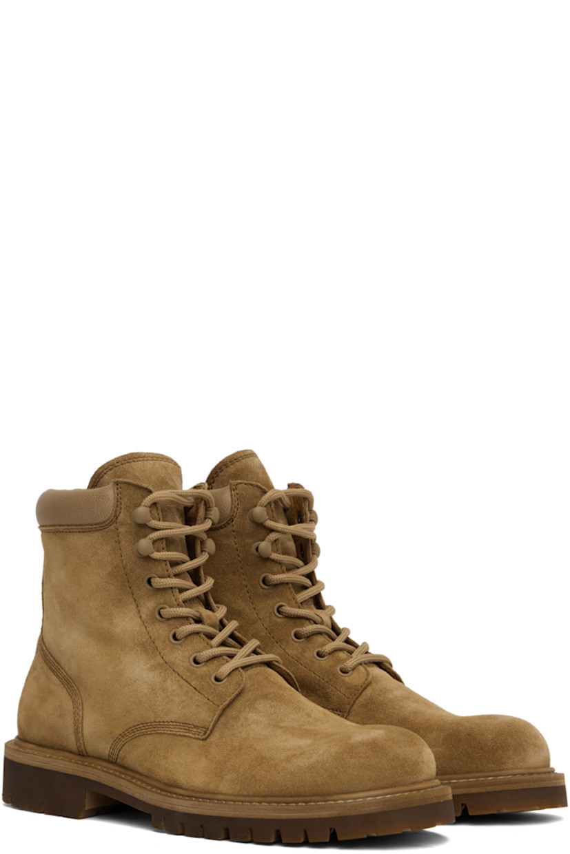 Handcrafted ankle-high suede boots in tan. 

· Lace-up closure
· Grained leather trim at padded collar
· Suede and grained leather lining
· Stacked leather midsole 
· Treaded rubber sole 

Supplier color: Alce/Rabbit paw