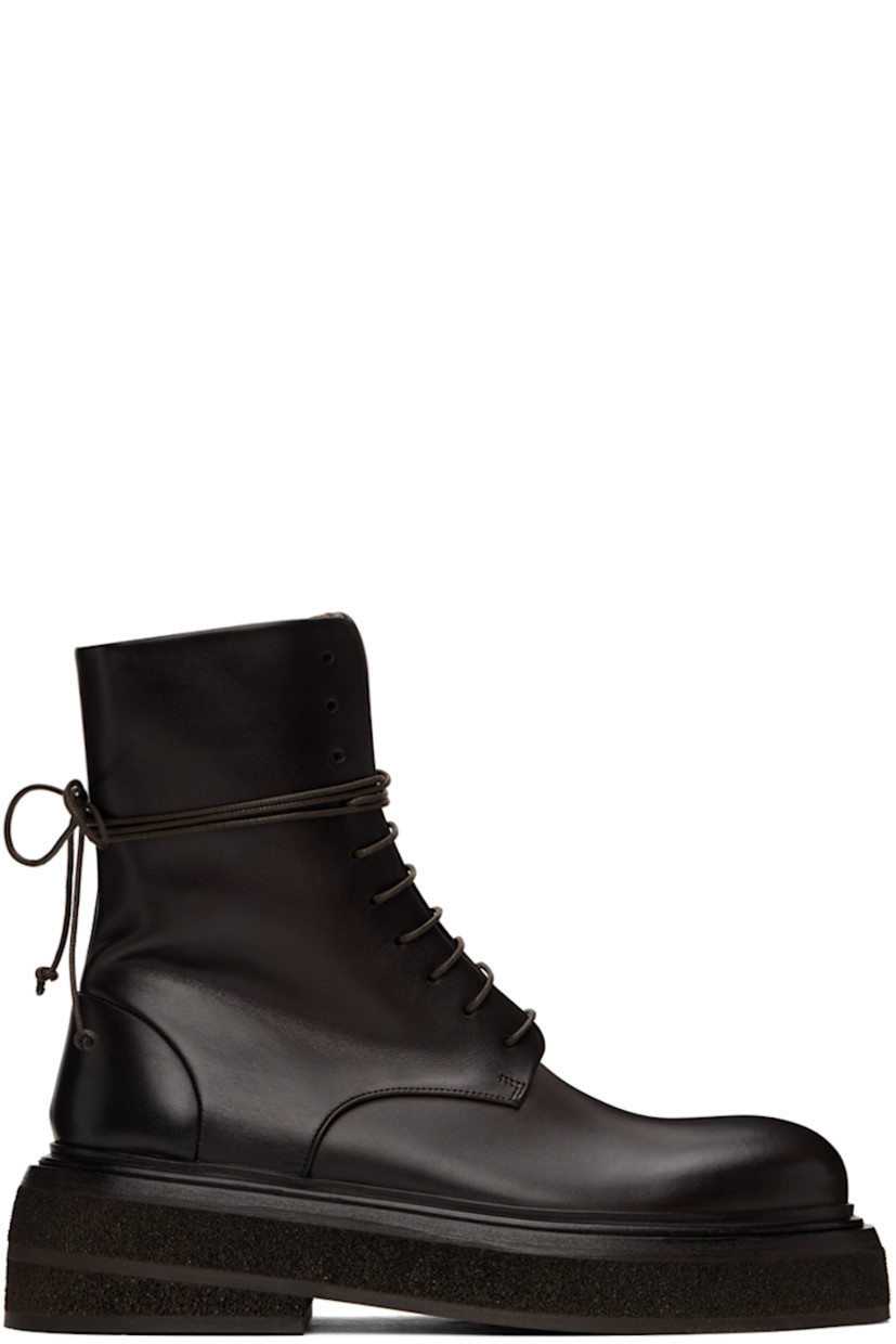 Ankle-high buffed calfskin boots in brown.

· Wraparound lace-up closure
· Padded tongue
· Concealed elasticized gusset at collar
· Zip closure at inner side
· Block heel with rubber injection
· Stacked hand-dyed rubber and leather midsole
· Rubber sole
· Heel: H2.5"

Supplier color: Dark brown