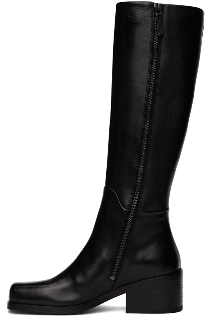 Knee-high grained leather boots in black.

· Square toe
· Zip closure at inner side
· Stacked leather heel with rubber injection
· Leather sole
· Heel: H2.25"

Supplier color: Black
