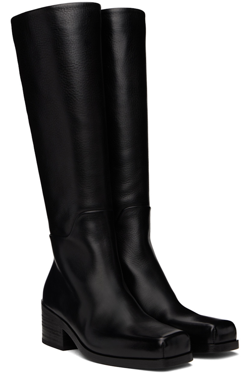 Knee-high grained leather boots in black.

· Square toe
· Zip closure at inner side
· Stacked leather heel with rubber injection
· Leather sole
· Heel: H2.25"

Supplier color: Black