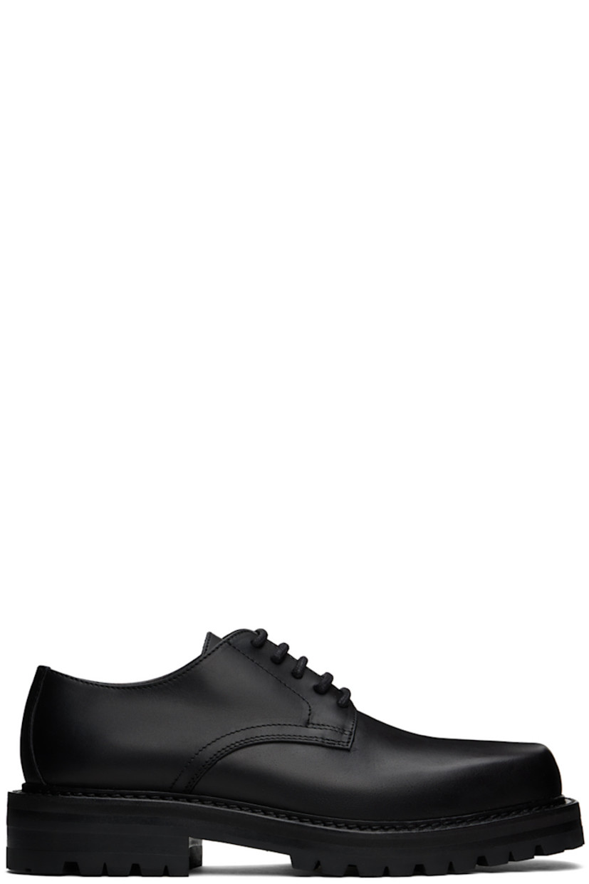 Buffed leather derbys in black. 

· Square toe
· Lace-up closure
· Buffed leather and suede lining
· Stacked leather heel with rubber injection
· Treaded rubber sole
· Heel: H1.5"

Supplier color: Black