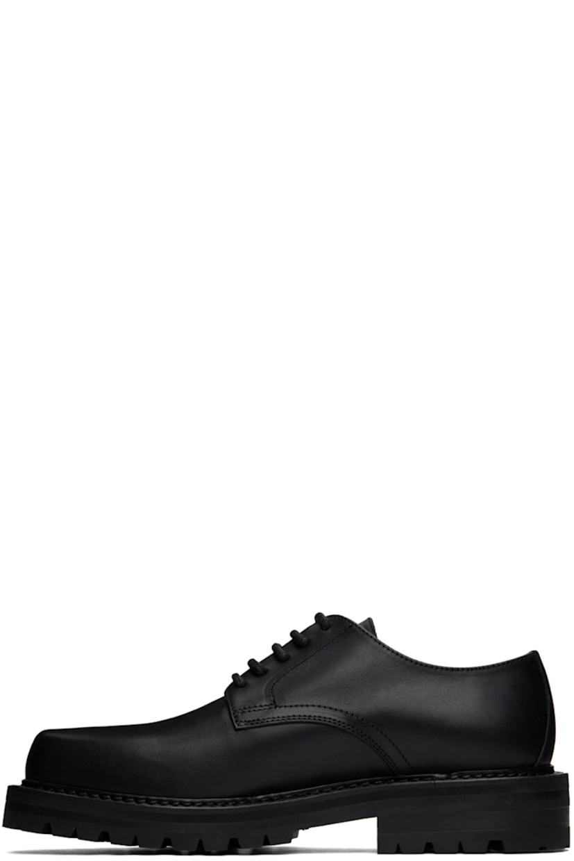 Buffed leather derbys in black. 

· Square toe
· Lace-up closure
· Buffed leather and suede lining
· Stacked leather heel with rubber injection
· Treaded rubber sole
· Heel: H1.5"

Supplier color: Black