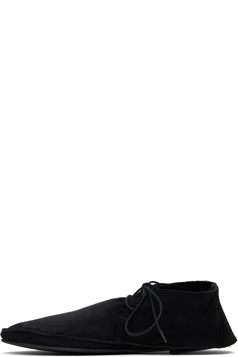 Suede derbys in black.

· Moc toe
· Lace-up closure
· Shearling lining
· Pinched seam at welt
· Treaded rubber sole

Supplier color: Black