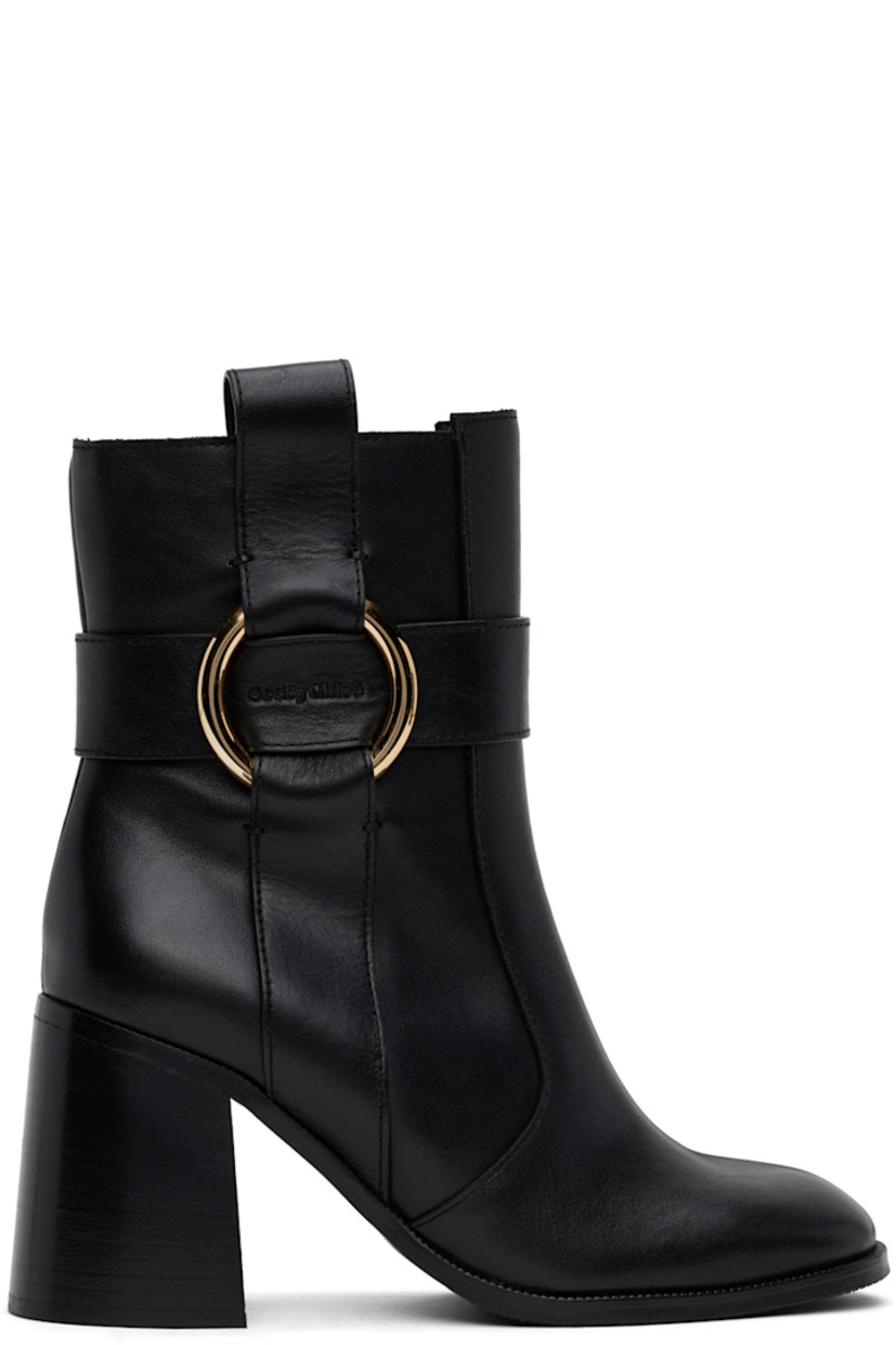Ankle-high buffed leather boots in black.

· Zip closure at inner side
· Embossed logo and O-ring at outer side
· Pull-loop at collar
· Serrated edge at welt
· Stacked leather block heel
· Treaded rubber sole 
· Heel: H3.5"

Supplier color: Black