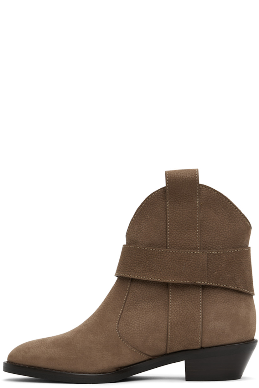 Ankle-high nubuck boots in brown. 

· Pointed toe
· Pull-loops at collar 
· Embossed logo and O-ring at outer side
· Stacked leather heel
· Rubber sole
· Gold-tone hardware
· Heel: H1.5"

Supplier color: Taupe