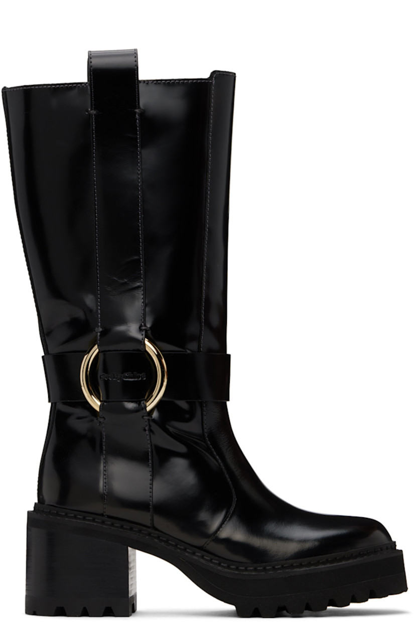 Mid-calf polished calfskin boots in black. 

· Embossed logo and O-ring at outer side
· Pull-loops at collar
· Topstitching at welt
· Foam rubber midsole
· Stacked leather block heel
· Treaded rubber lug sole
· Logo-engraved gold-tone hardware 
· Heel: H3"

Supplier color: Black