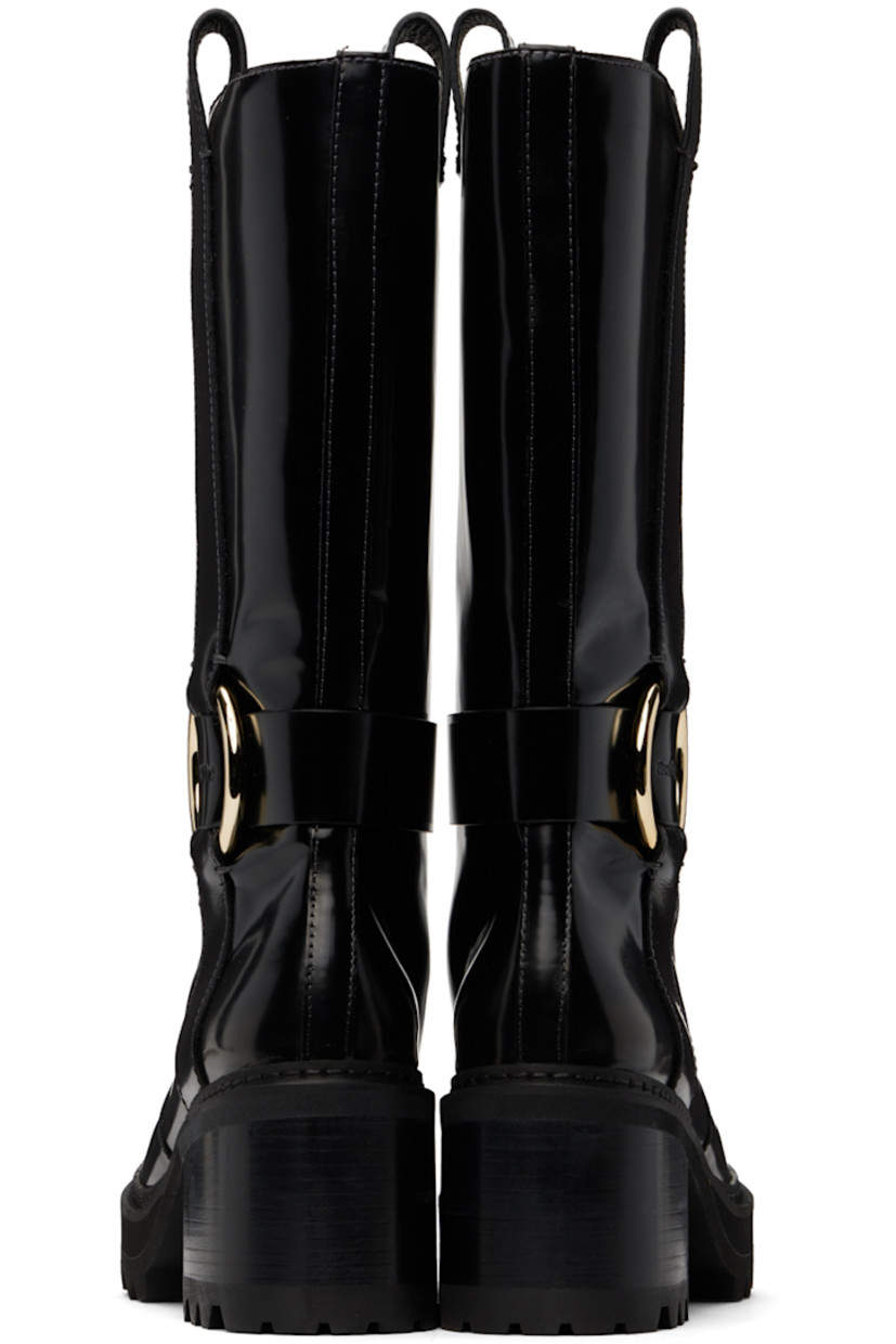 Mid-calf polished calfskin boots in black. 

· Embossed logo and O-ring at outer side
· Pull-loops at collar
· Topstitching at welt
· Foam rubber midsole
· Stacked leather block heel
· Treaded rubber lug sole
· Logo-engraved gold-tone hardware 
· Heel: H3"

Supplier color: Black