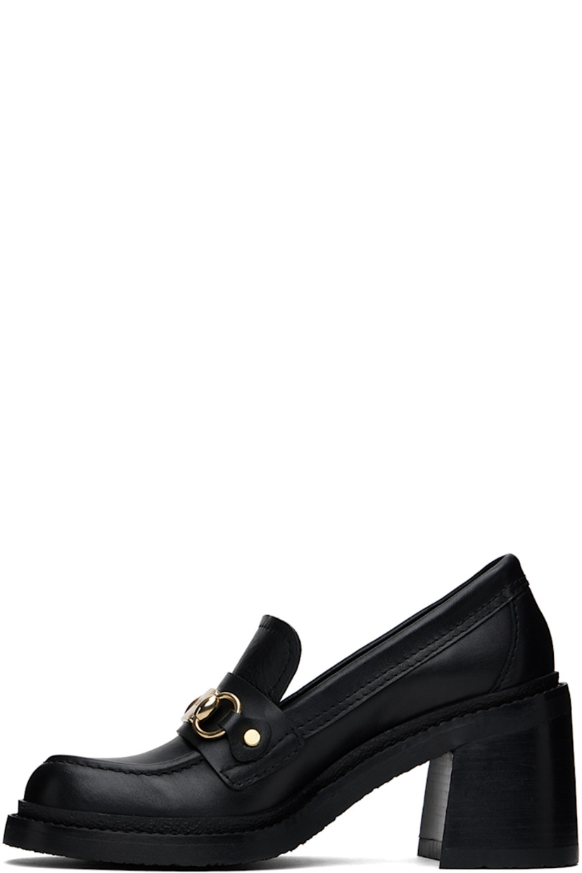 Buffed leather loafer-style heels in black. 

· Moc toe
· Logo plaque and strap at vamp
· Logo embossed at padded footbed
· Stacked leather block heel with rubber injection
· Crepe rubber sole
· Heel: H3"

Supplier color: Black