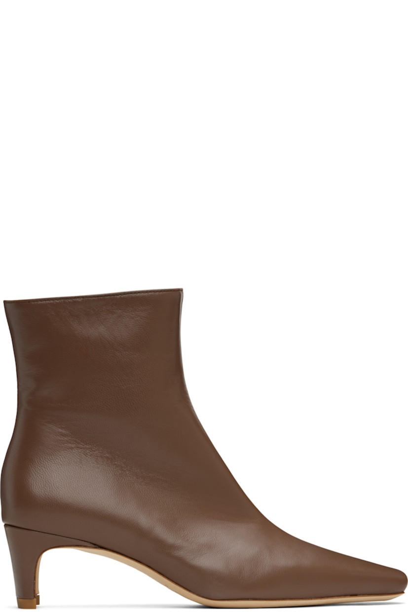 Ankle-high buffed lambskin boots in brown.

· Pointed square toe
· Zip closure at inner side
· Buffed leather lining
· Curved block heel with rubber injection
· Suede sole
· Heel: H2"

Supplier color: Cacao