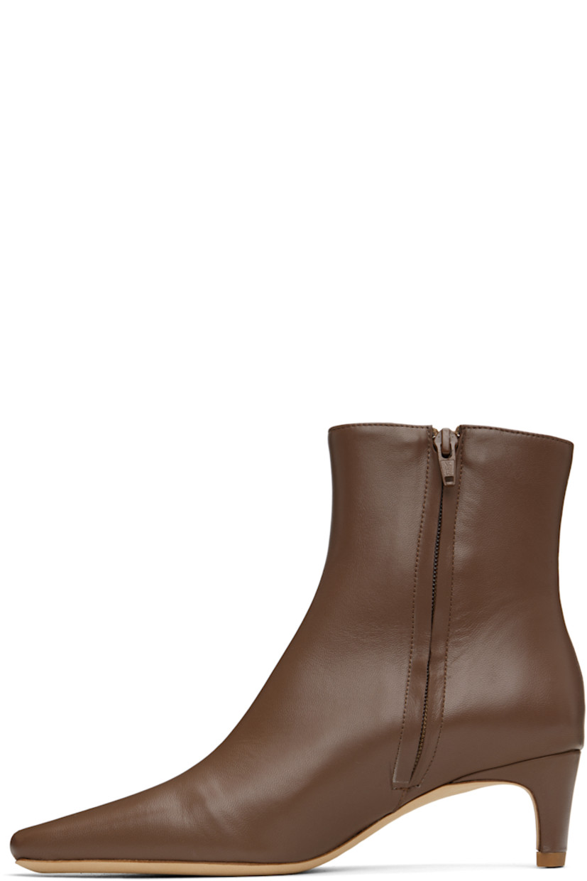 Ankle-high buffed lambskin boots in brown.

· Pointed square toe
· Zip closure at inner side
· Buffed leather lining
· Curved block heel with rubber injection
· Suede sole
· Heel: H2"

Supplier color: Cacao