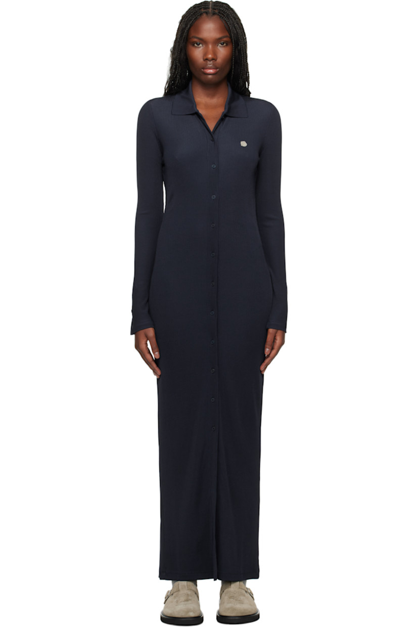 Rib-knit stretch viscose-blend maxi dress. 

· Spread collar
· Button closure
· Logo graphic hardware at chest
· Button vent at cuffs

Supplier color: Blue black