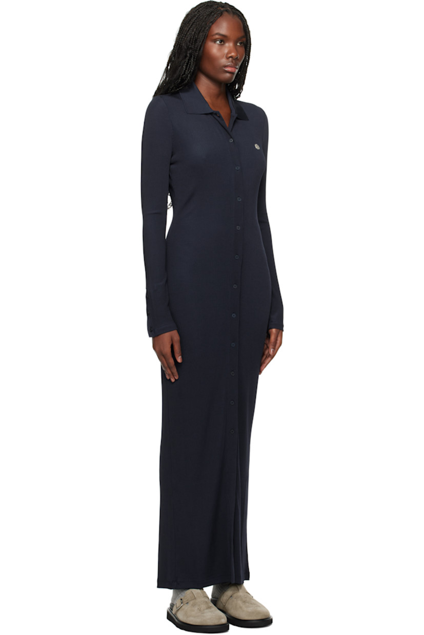 Rib-knit stretch viscose-blend maxi dress. 

· Spread collar
· Button closure
· Logo graphic hardware at chest
· Button vent at cuffs

Supplier color: Blue black