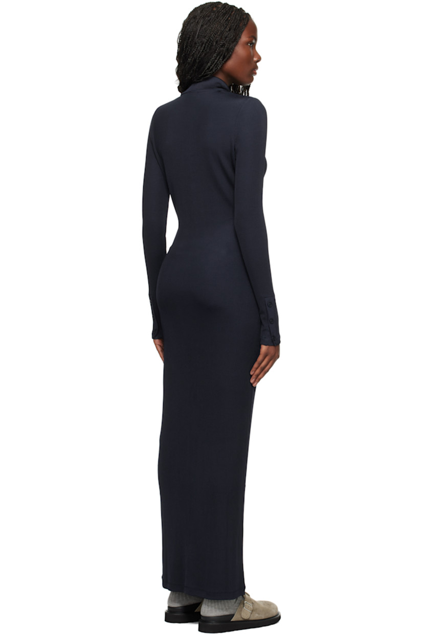 Rib-knit stretch viscose-blend maxi dress. 

· Spread collar
· Button closure
· Logo graphic hardware at chest
· Button vent at cuffs

Supplier color: Blue black