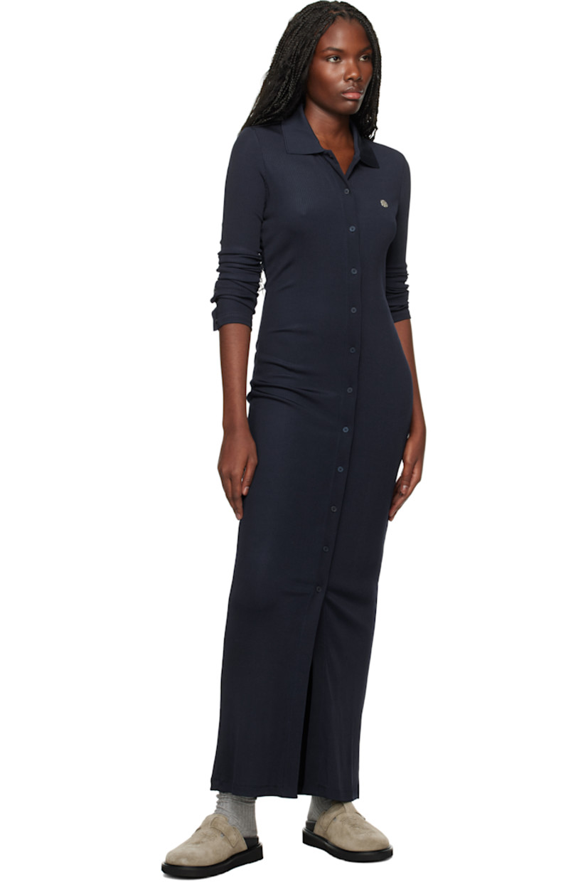 Rib-knit stretch viscose-blend maxi dress. 

· Spread collar
· Button closure
· Logo graphic hardware at chest
· Button vent at cuffs

Supplier color: Blue black