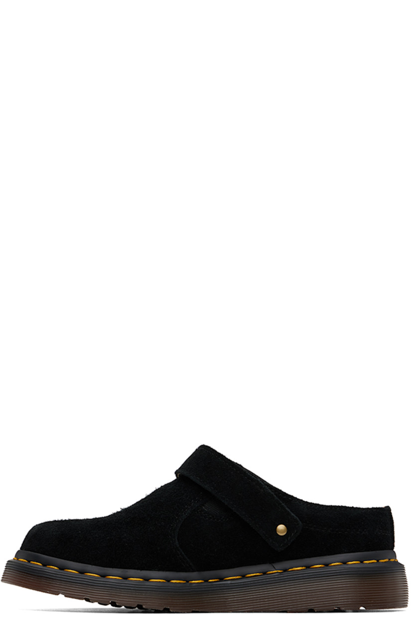 Suede slip-on mules in black.

· Logo tag at convertible pin-buckle strap
· Elasticized gusset at inner side
· Buffed leather lining
· Padded suede footbed
· Yellow topstitching at heat-sealed Goodyear welt
· Treaded Air Cushion rubber sole
· Logo-engraved antiqued gold-tone hardware

Supplier color: Black