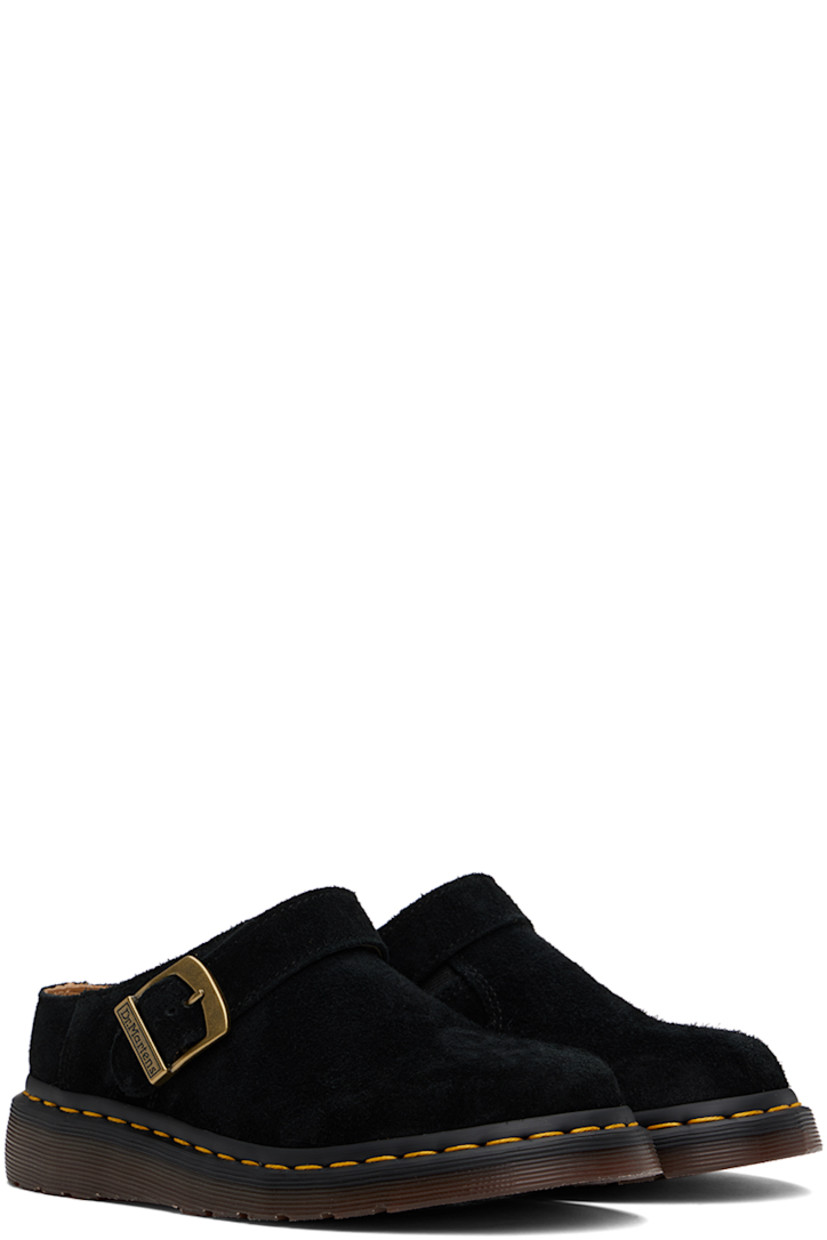 Suede slip-on mules in black.

· Logo tag at convertible pin-buckle strap
· Elasticized gusset at inner side
· Buffed leather lining
· Padded suede footbed
· Yellow topstitching at heat-sealed Goodyear welt
· Treaded Air Cushion rubber sole
· Logo-engraved antiqued gold-tone hardware

Supplier color: Black