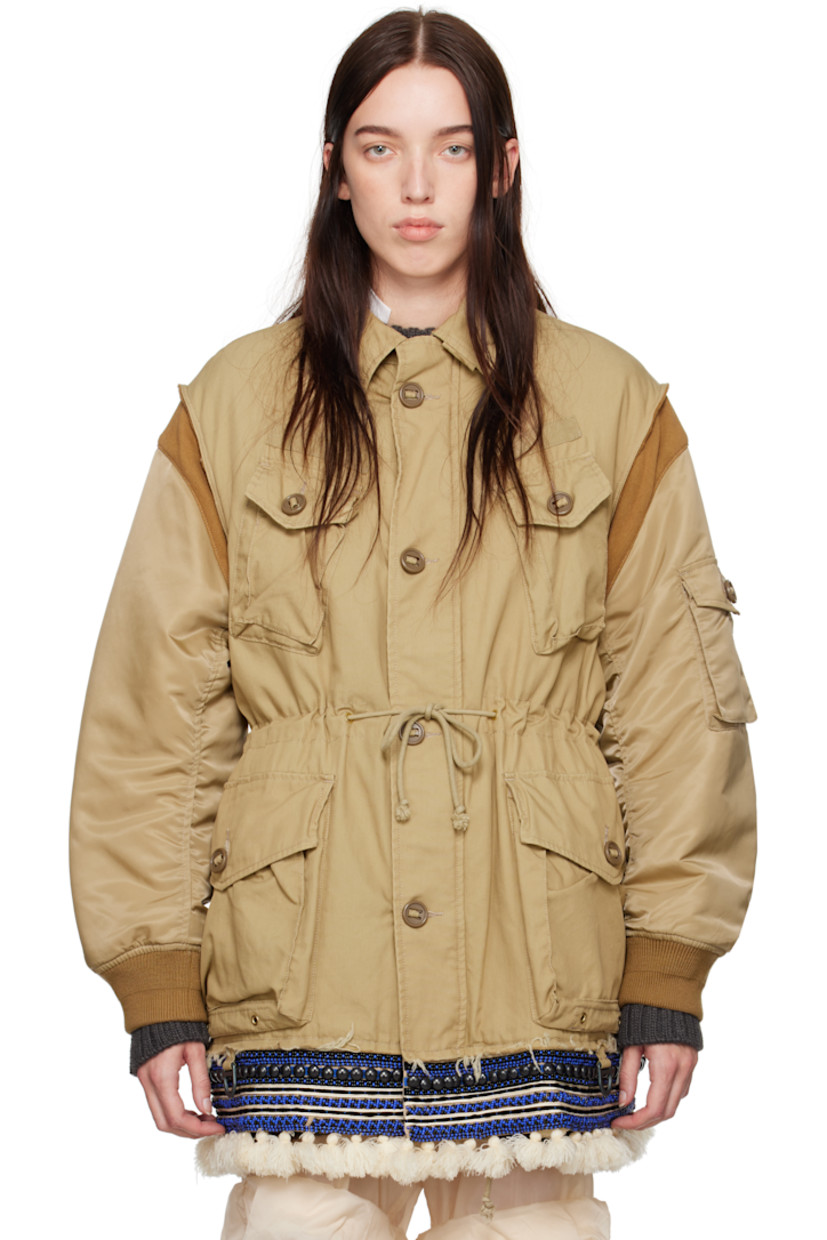 Cotton-blend plain-woven bomber jacket.

· Spread collar
· Button closure
· Flap pockets at front and sleeve
· Drawstring at waist
· Beaded trim with fringe detailing at hem
· Rib-knit at armscyes and cuffs
· Welt pockets at interior
· Fully lined

Supplier color: Beige