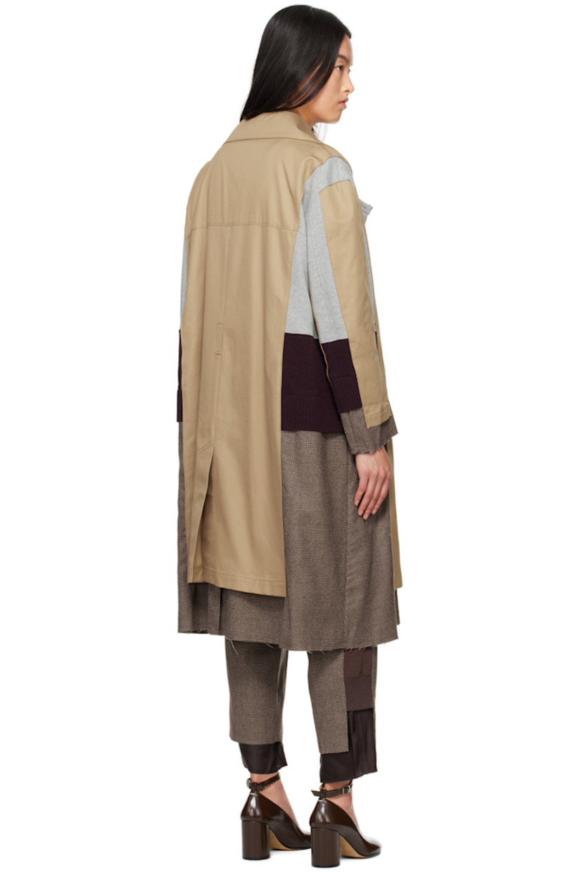 Cotton gabardine trench coat. Cotton terry cloth, knit wool, and houndstooth panels throughout.

· Paneled construction
· Notched lapel
· Double-breasted button closure
· Seam pockets
· Raw edge at hem and cuffs
· Central vent at back hem

Supplier color: Beige