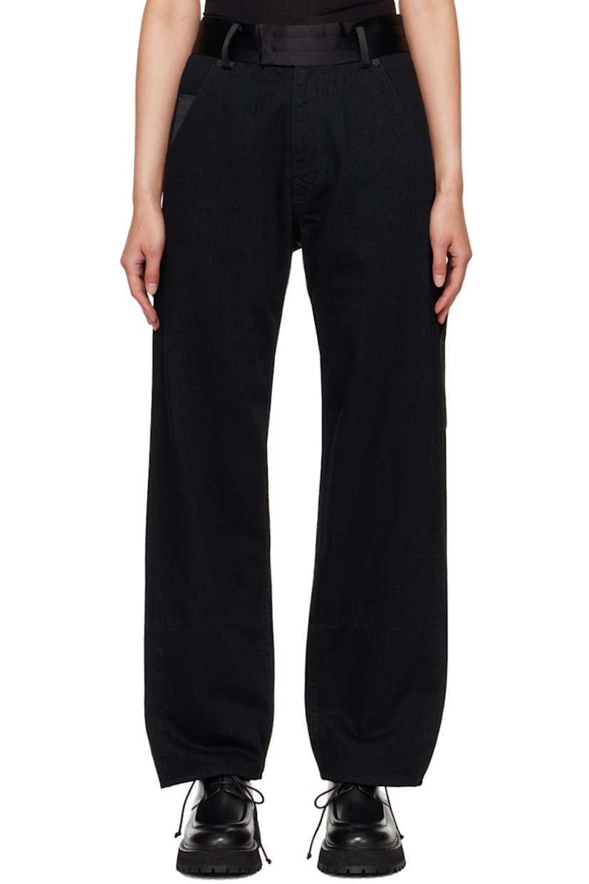 Non-stretch cotton denim jeans. Satin trim throughout. 

· Belt loops 
· Pleats at waistband
· Five-pocket styling
· Zip-fly

Supplier color: Black
