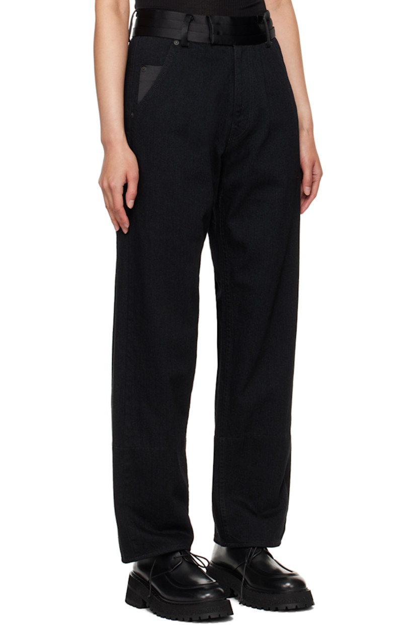 Non-stretch cotton denim jeans. Satin trim throughout. 

· Belt loops 
· Pleats at waistband
· Five-pocket styling
· Zip-fly

Supplier color: Black