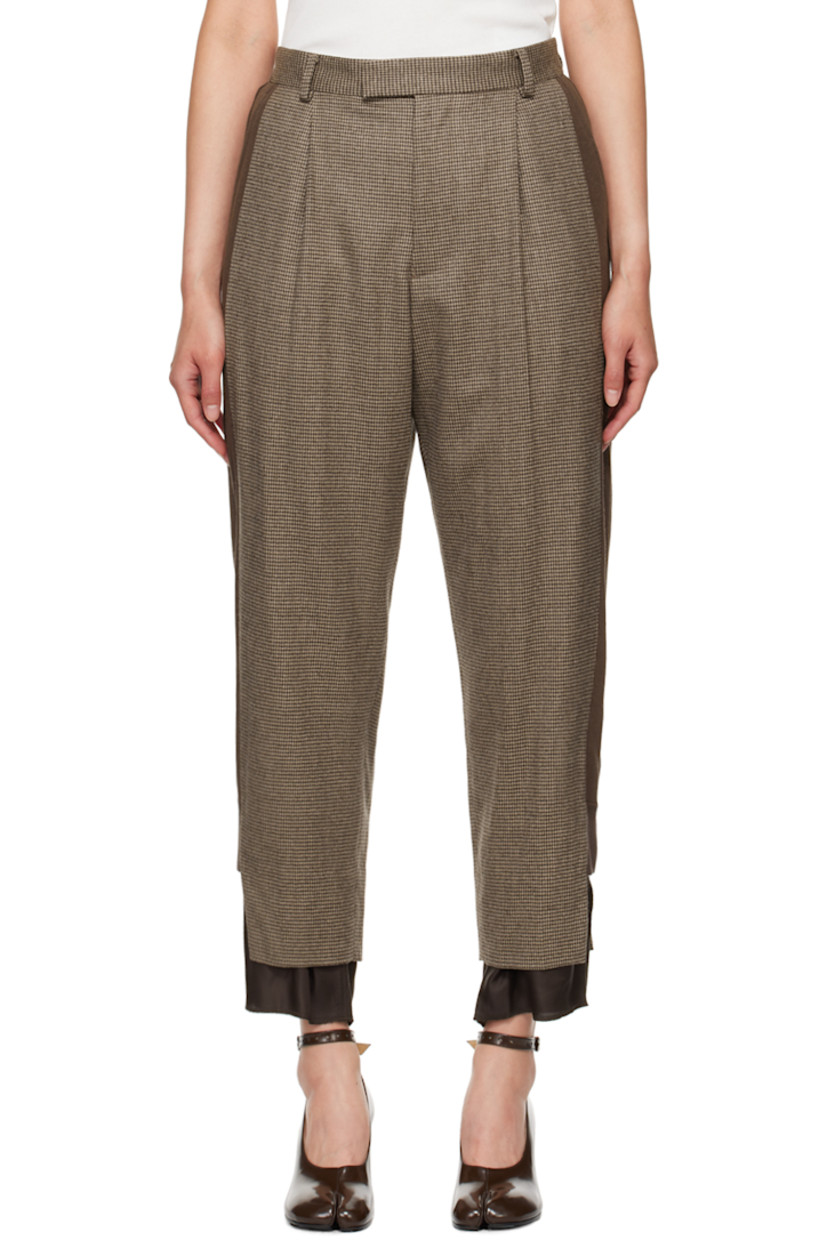 Wool-blend twill trousers. Houndstooth pattern throughout. 

· Paneled construction
· Belt loops
· Four-pocket styling
· Zip-fly
· Pleats at front
· Exposed lining at cuffs
· Rib knit panel at outseams
· Full satin lining

Supplier color: Brown