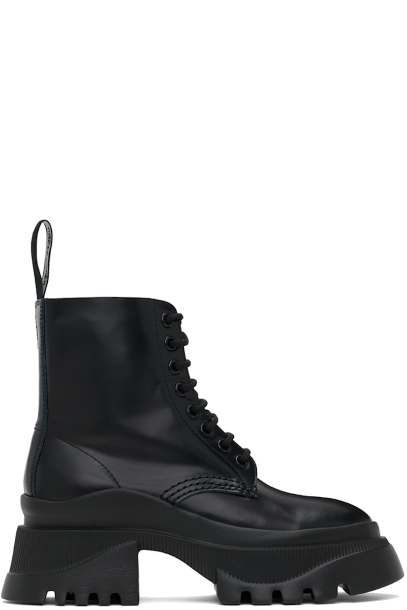 Ankle-high polished faux-leather boots in black.

· Lace-up closure
· Logo-woven pull-loop at heel collar
· Extended rubber welt
· Foam rubber platform midsole
· Treaded rubber sole
· Platform: H1.5"
· Heel: H2"

Supplier color: Black