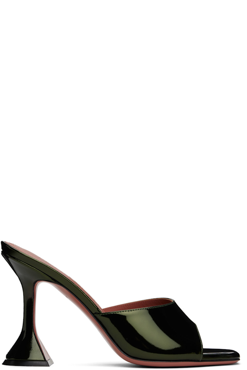 Patent leather heeled sandals in green. 

· Open square toe
· Logo embossed at padded leather footbed
· Covered spool heel with rubber injection
· Leather sole with rubber injection
· Heel: H3.75"

Supplier color: Moss