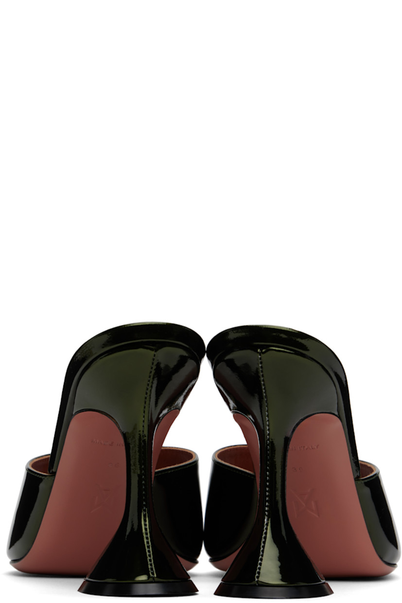 Patent leather heeled sandals in green. 

· Open square toe
· Logo embossed at padded leather footbed
· Covered spool heel with rubber injection
· Leather sole with rubber injection
· Heel: H3.75"

Supplier color: Moss