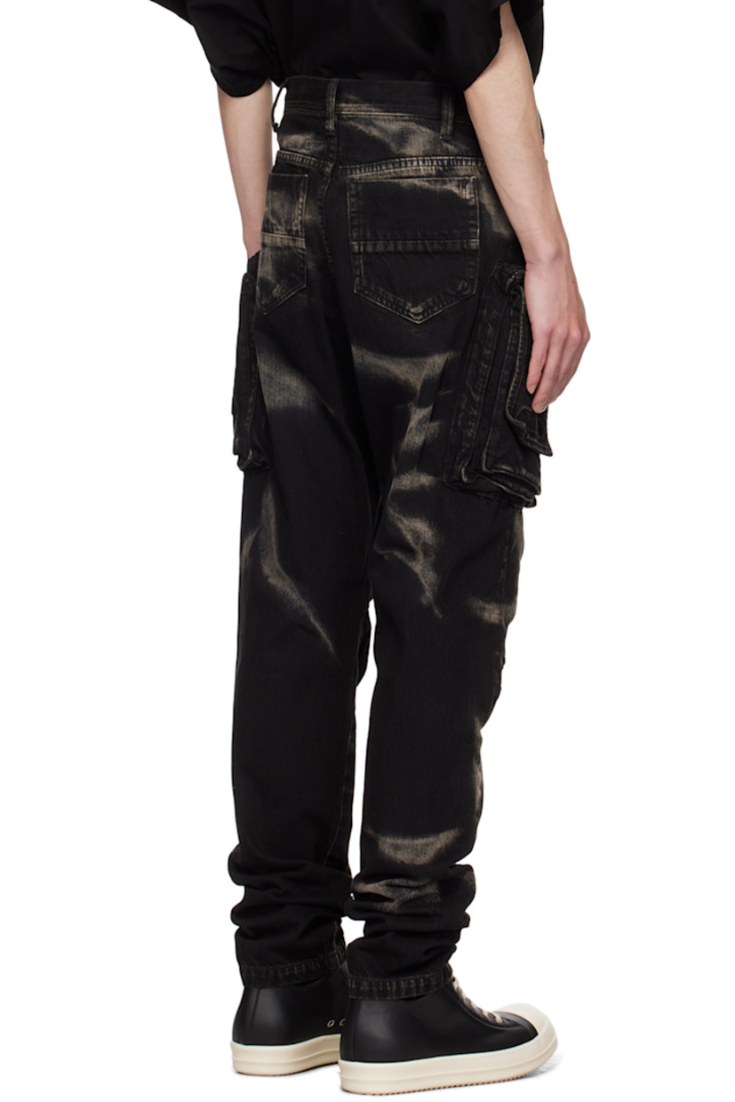 10 oz non-stretch denim cargo pants. Bleached effect throughout.

· Belt loops
· Seven-pocket styling
· Zip-fly
· Flap pocket at front
· Pleats at knees
· Zip cargo pocket at curved outseams

Supplier color: Black